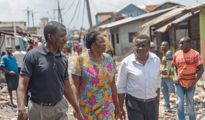 Kenyans walking through an estate with inadequate ammenities